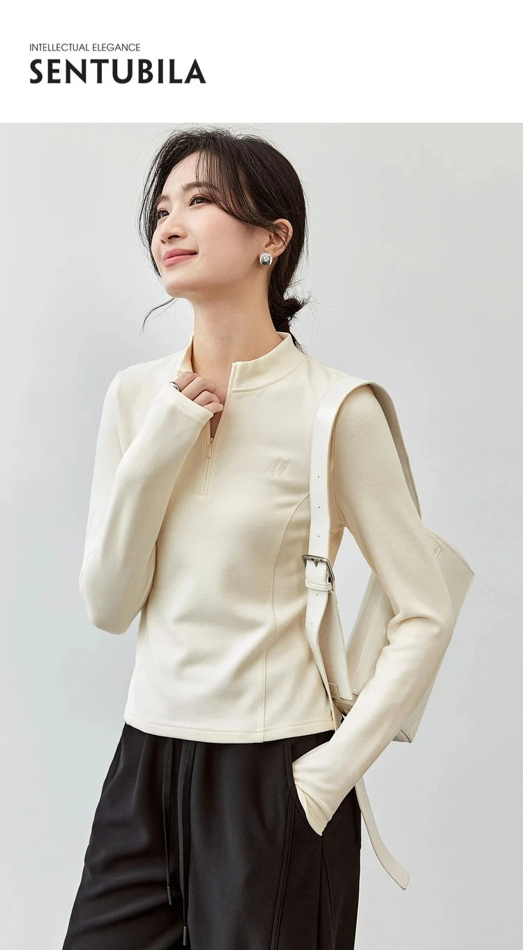 SENTUBILA Damen Strickpullover 2026 Herbst Halb-Reißverschluss Stehkragen Stickerei Oberteil Slim-Fit Elegante Damenbekleidung 143T56422 – Detail 3