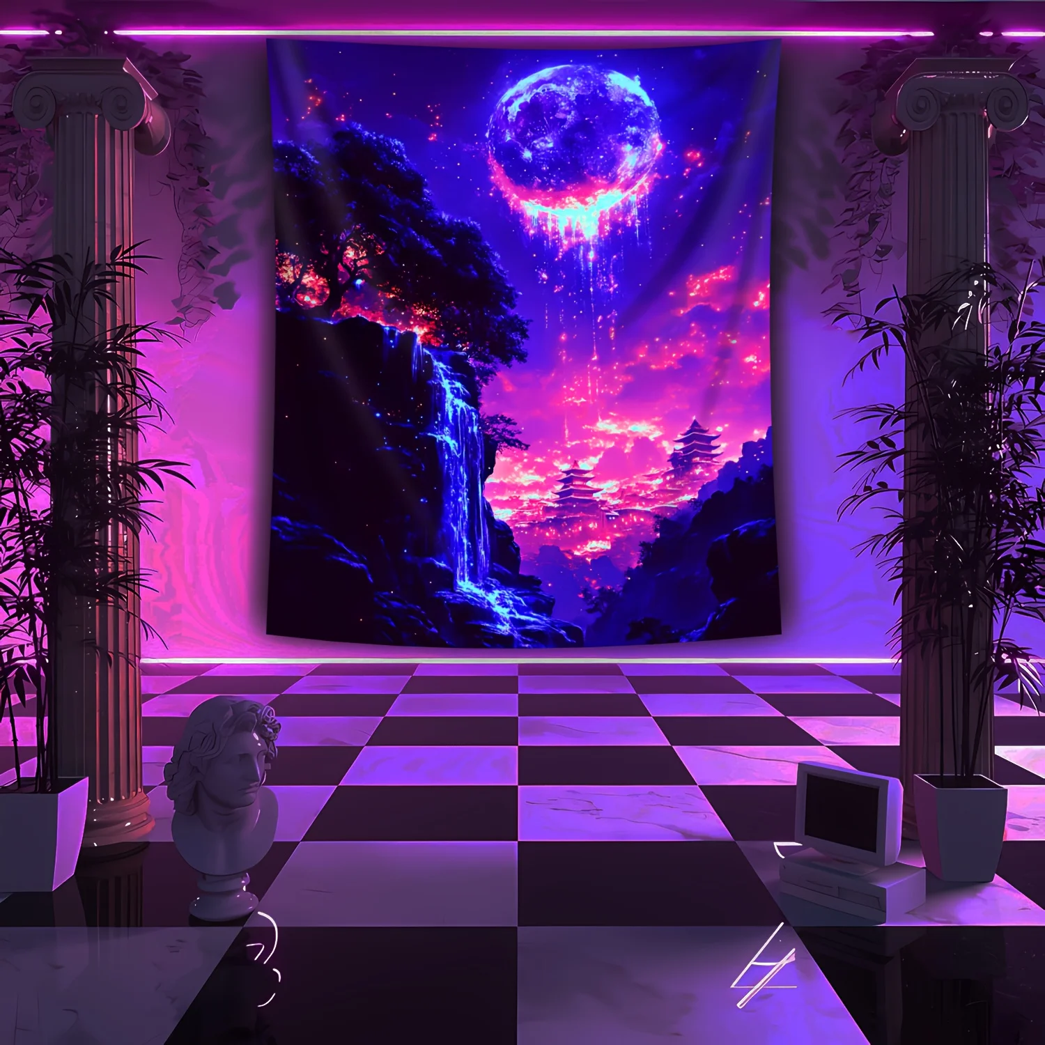 1pc Dreamy Moon Cliff Waterfall UV Black Light Tapestry, Large Size Peach Skin Fluorescent Tapestry, Bedroom Aesthetic Hanging T