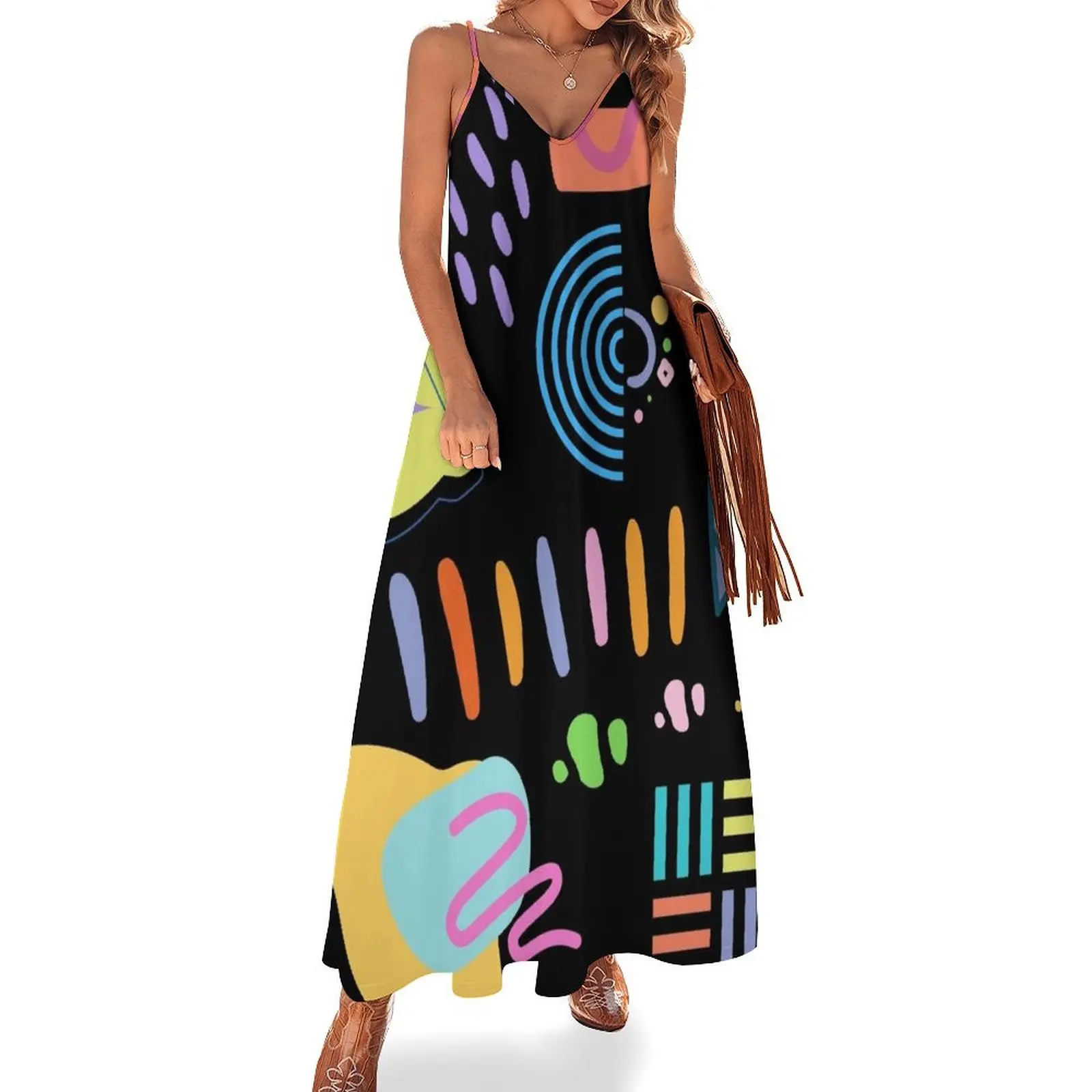 

Wavy Colorful Organic and Geometric Fun Assortment of Shapes Sleeveless Long Dress fairy dress Dress