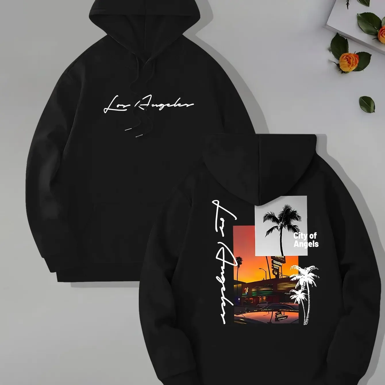 Retro Los Angeles Sunset Palm Tree Double-sided Print Hoodie, Men's Loose Fit West Coast Everyday Street Style Pullover