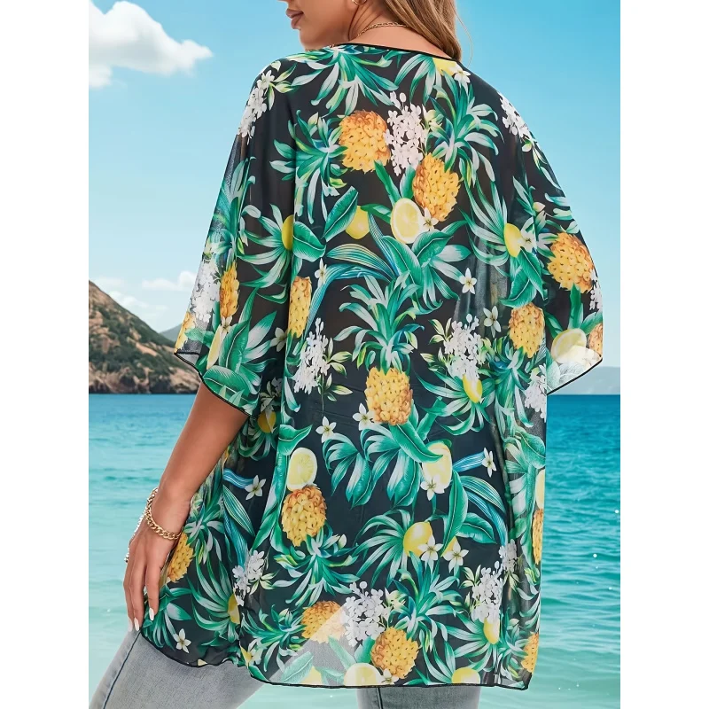 Women Tropical Pineapple Lemon Leaf Print Open Front Kimono Cover Up, 3/4 Flare Sleeve Loose Chiffon Beach Cardigan, Summer Hawa