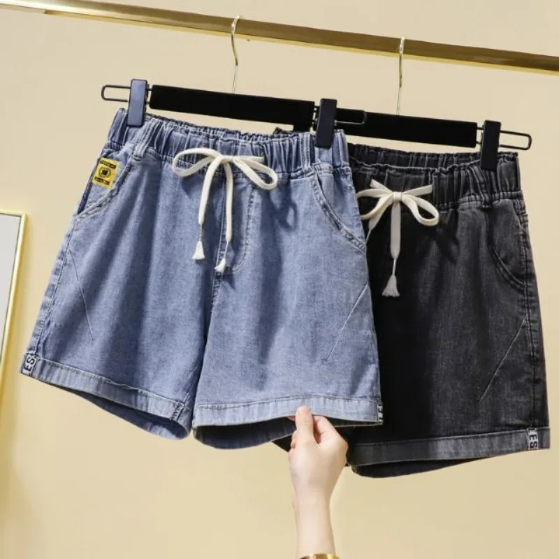 New Elastic Waist A Word Plus size Pants women Fashion Stretch Denim Shorts Chubby Girl Wide Leg Slimming Hot Pants E9037