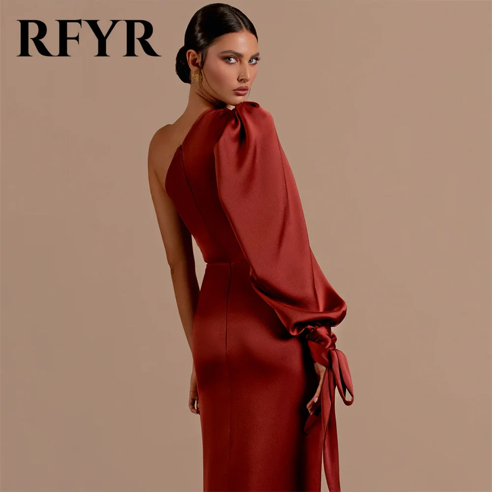 RFYR One Shoulder Full Sleeves Evening Dresses Burgundy Stain Prom Dresses With High Split Pleat Mermaid вечернее платье люкс