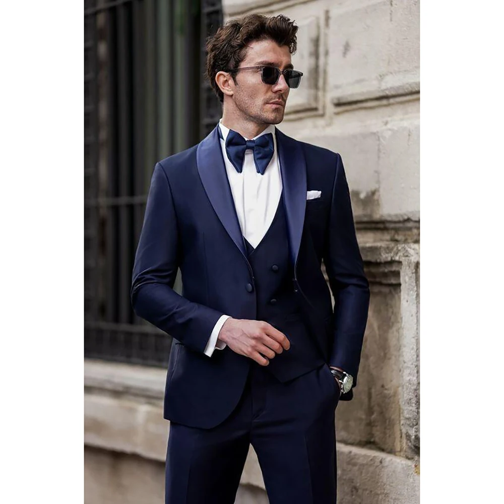 

Handsome Blue Single Breasted Men Suit Three Pieces Fashion Hot Sell Male Set Daily Business Blazer Pants & Vest