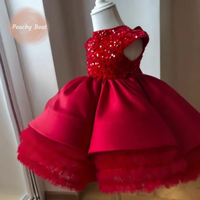 Baby Girl Princess Sequins Tutu Dress Short Sleeve Infant Toddler Child Red Vestido Christmas Birthday Party Baby Clothes 1-7Y