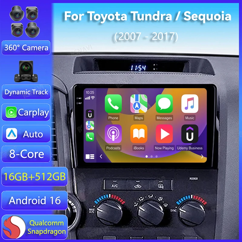 Radio para Auto Android 16 con Carplay para Toyota Tundra XK50 2007-2013 y Sequoia 2008-2017, Reproductor Multimedia Estéreo con WIFI+4G y Video