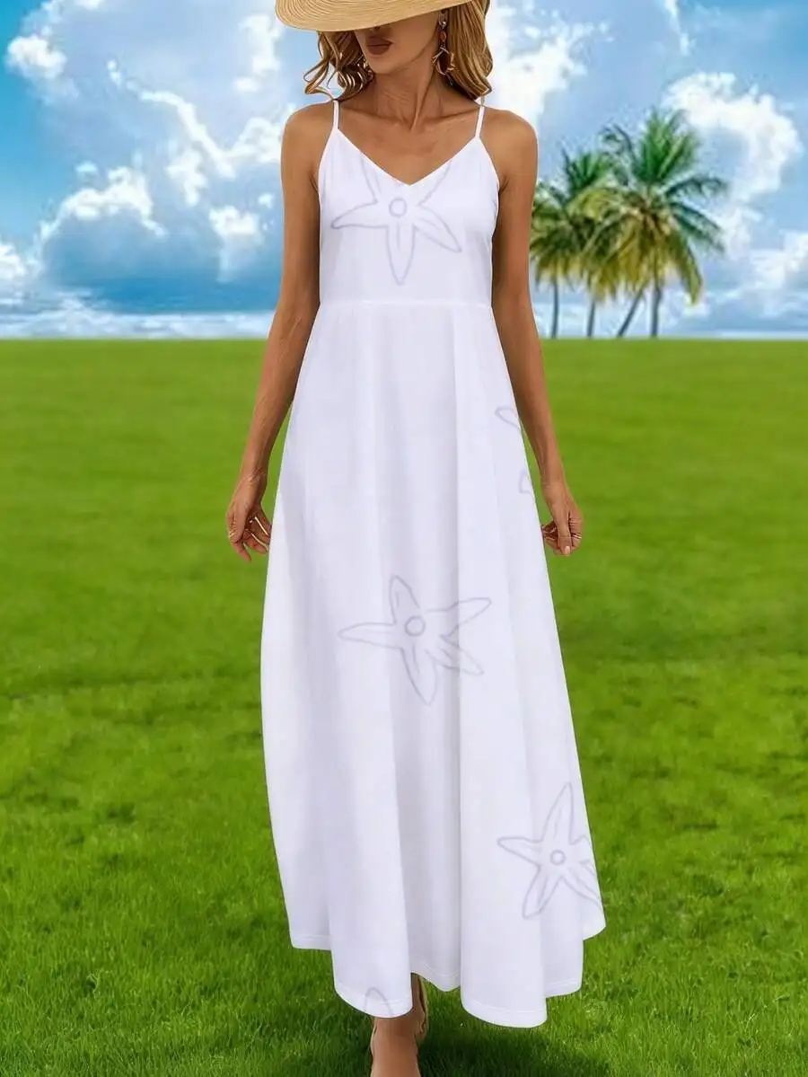 

White Spaghetti Strap Maxi Dress With Starfish Print For Beach Vacation