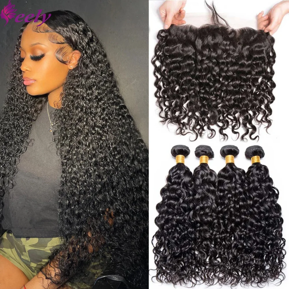 Human Hair Bundles Deep Wave Natural Color Frontal Extensions 13x4 HD Lace Hair Bundles With Closures 100% Human Hair Tissage