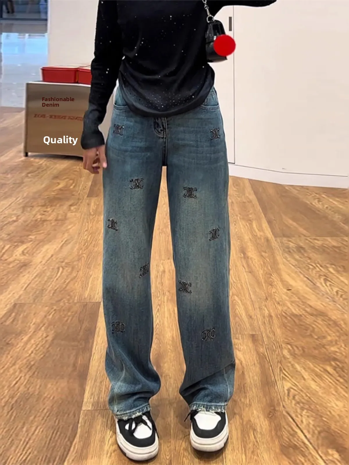 

Весна 2025: Женские джинсы с широкими штанинами, дизайнерские, с эффектом утяжки, прямого кроя, с алмазной отделкой, с высокой талией, длинные брюки