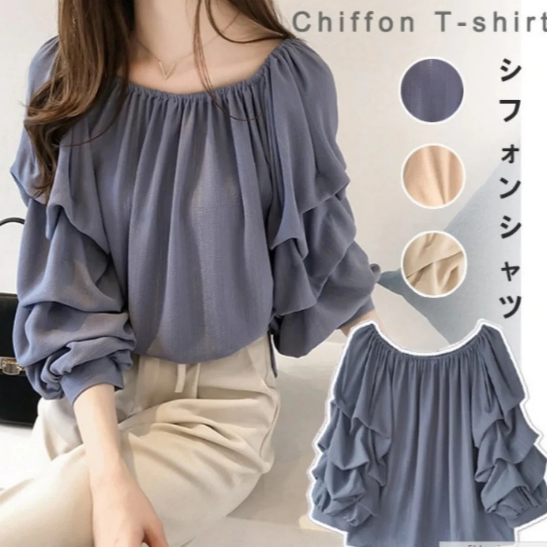 

Women Off Shoulder Chiffon Blouse Loose Fit Long Sleeve Shirt 2025 Early Autumn Style Puff Sleeve Elegant Casual woman clothing