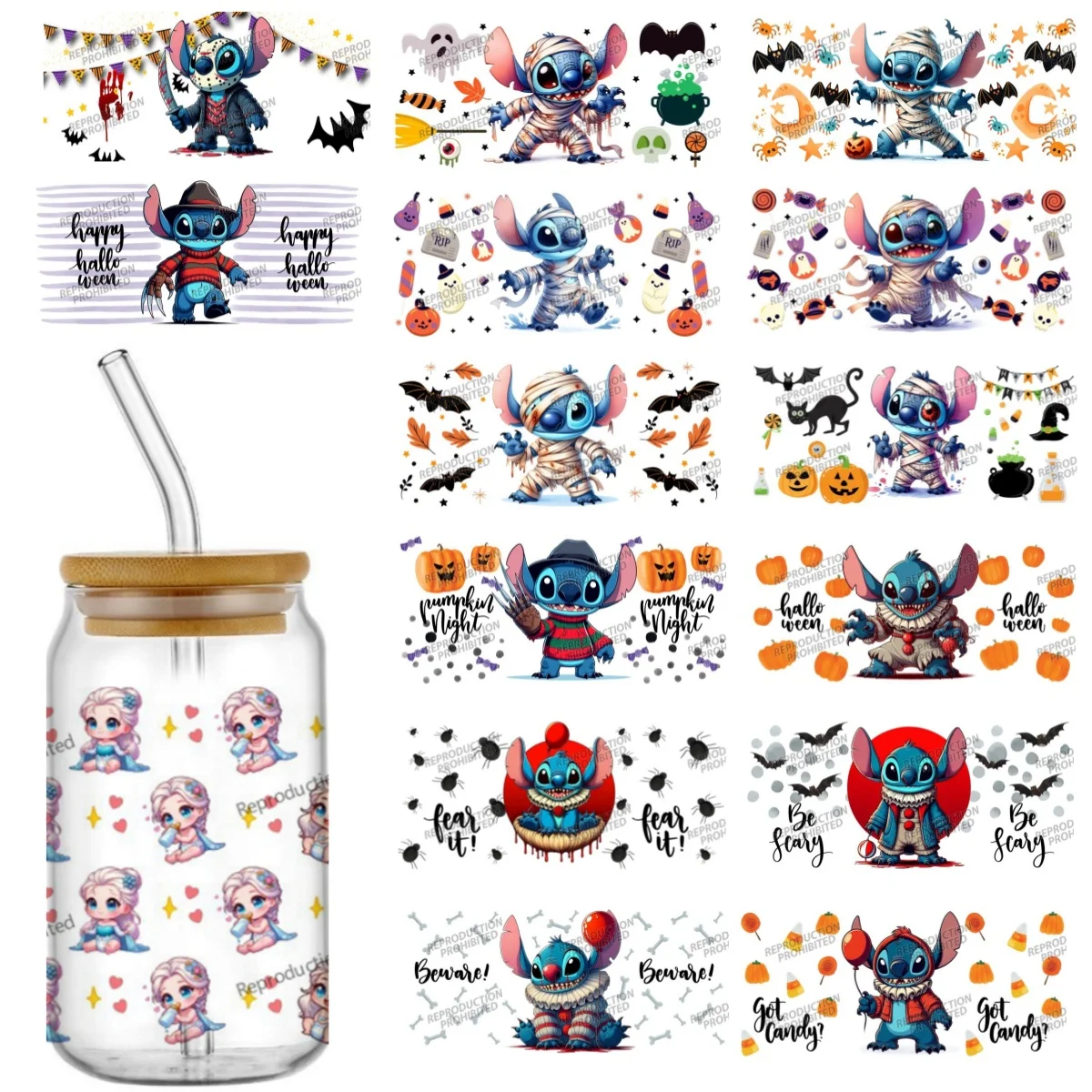 

Miniso Halloween Horror Stitch role play 16OZ UV DTF Cup Wraps Transfer Sticker For Glass Libbey can Bottle Selfadhesive Washa