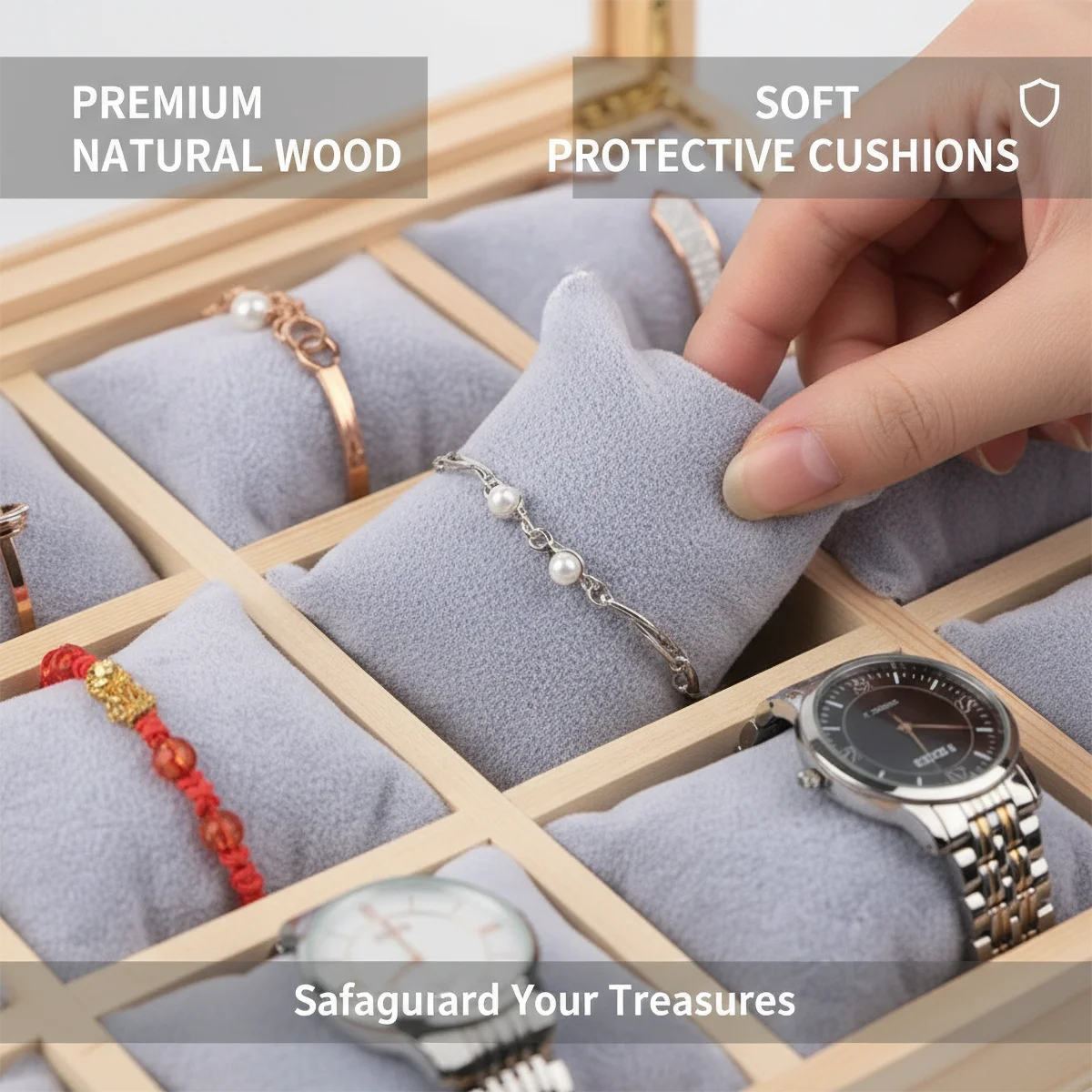 12-Slot Natural Wood Jewelry & Watch Organizer Tray - Soft Protective Cushions for Watches/Bracelets (Multi-Purpose Storage