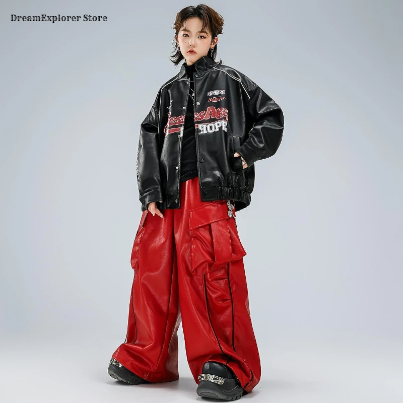 

Мотоциклетная куртка в стиле хип-хоп для мальчиков, кожаные брюки-карго, байкерское пальто для уличных танцев для девочек, комплекты детской джазовой одежды, крутая уличная одежда