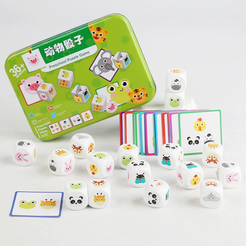 Wooden animal dice matching toys, educational enlightenment, cognitive games for babies aged 3-6