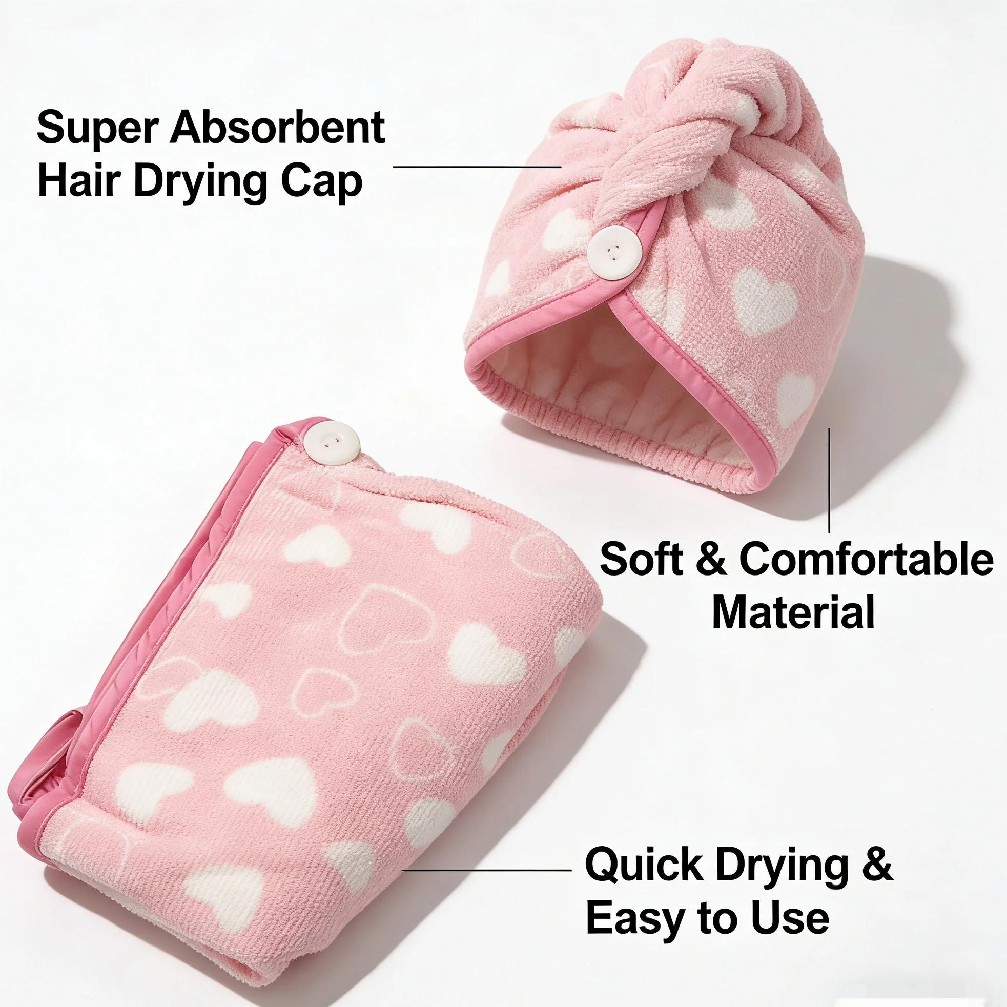 1 piece of pink heart-shaped dry hair cap, super-absorbent and quick-drying dry hair towel, with no shedding of hair or lint.