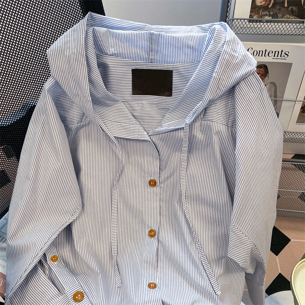 Полосатая рубашка с капюшоном на шнурке, женская осенняя корейская шикарная уникальная свободная посадка, пуловер с длинными рукавами, повседневная верхняя одежда, женский топ
