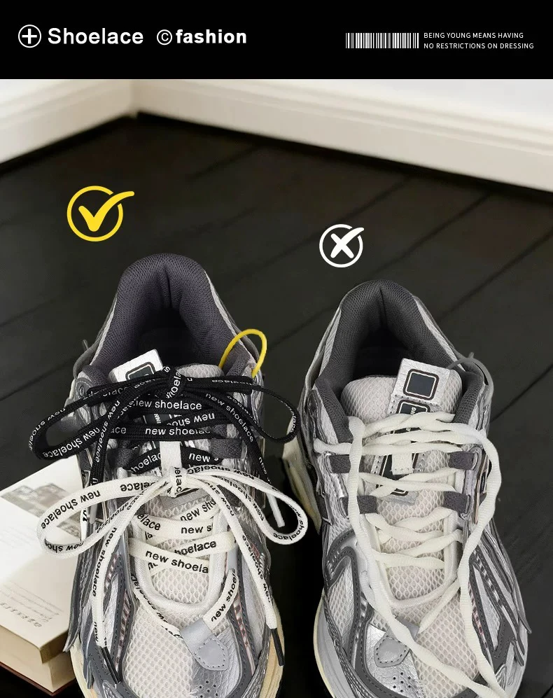 Modische, kontrastfarbene, flache Schnürsenkel mit Buchstabenmuster, schwarz-weiß, doppellagige Schnürsenkel, trendiges Schuhzubehör – Detail 7