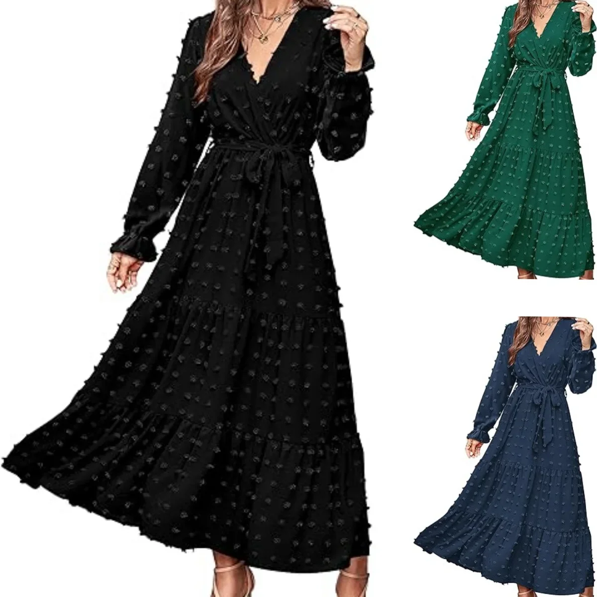 Amazon Autunno nuove donne manica lunga aderente scollo a V abito casual bohemien abbigliamento interno esterno alla moda e confortevole