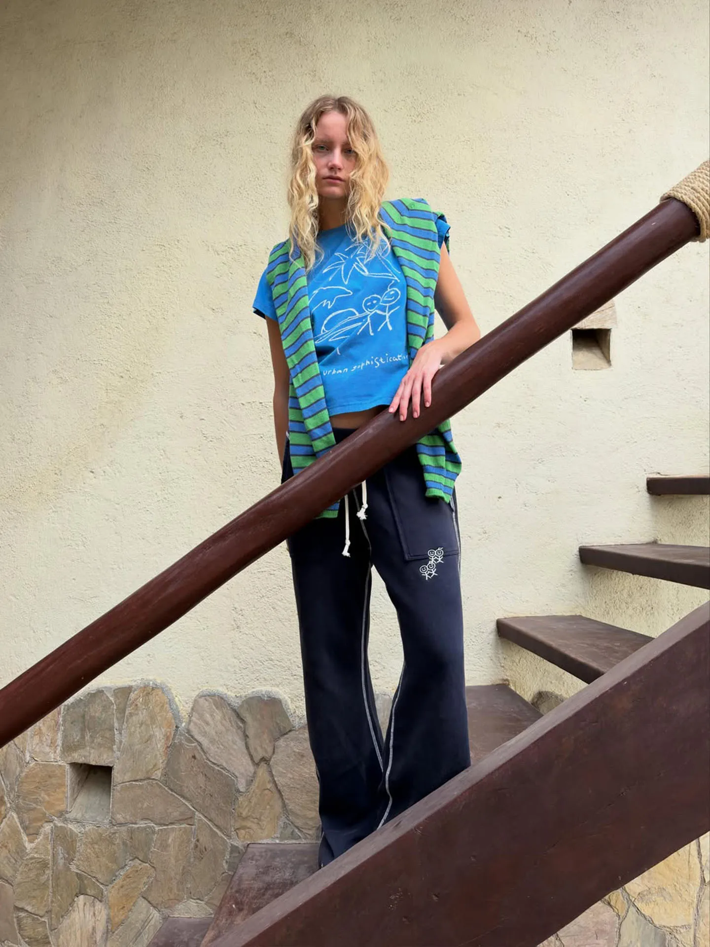 Urban Stick Figure Blue Washed Tee, Resort Series, Beach Stickman Print, Short-Sleeve, Slim Fit