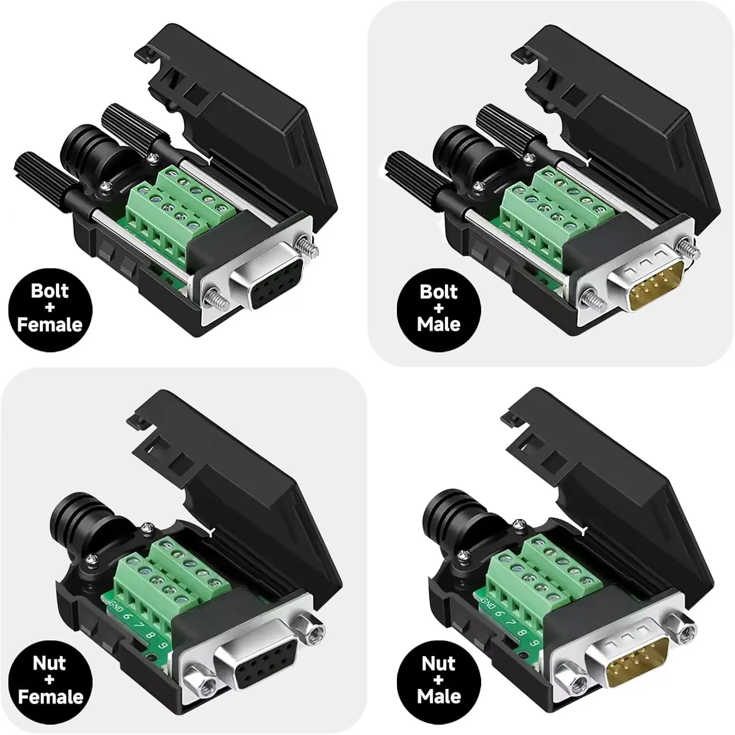 RS232 RS485 DB9 Connector Male Female 9 Pin Breakout Terminals COM Connector D-SUB Terminals 21-24 AWG Wire Solderless Connector