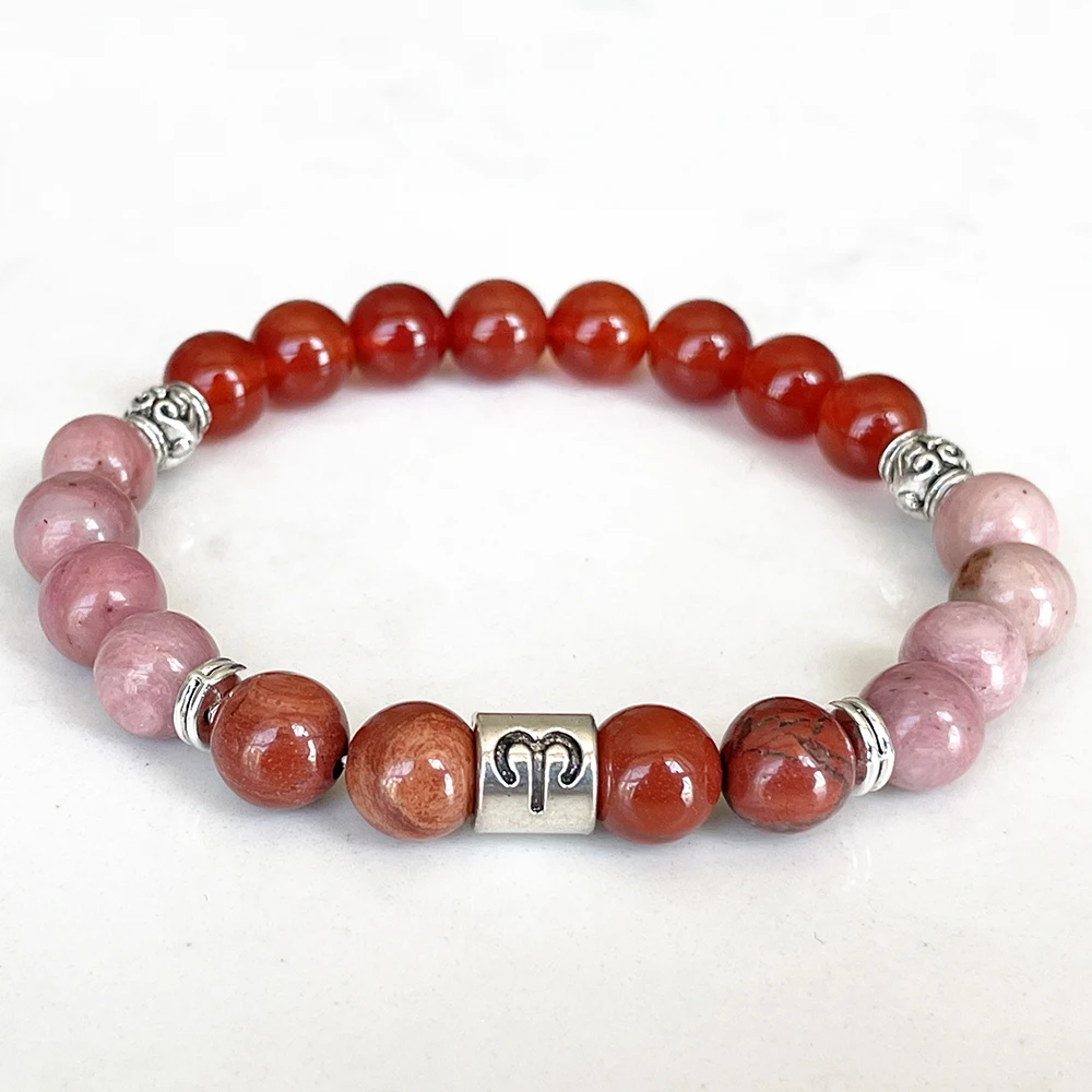 MG1673 Aries Zodiac Bracelet For Women 8 MM AAA Grade Carnelian Red Jasper Rhodonite Wrist Mala Natural Gemstone Jewelry