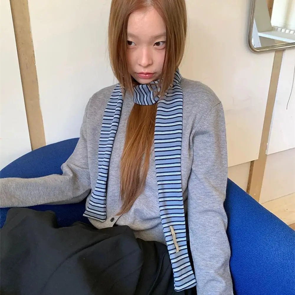 

2025 New Narrow Blue White Striped Scarf For Women Trendy Blogger Decorative Scarf Y2K Harajuku Winter Warmth Long Bow Tie Scarf
