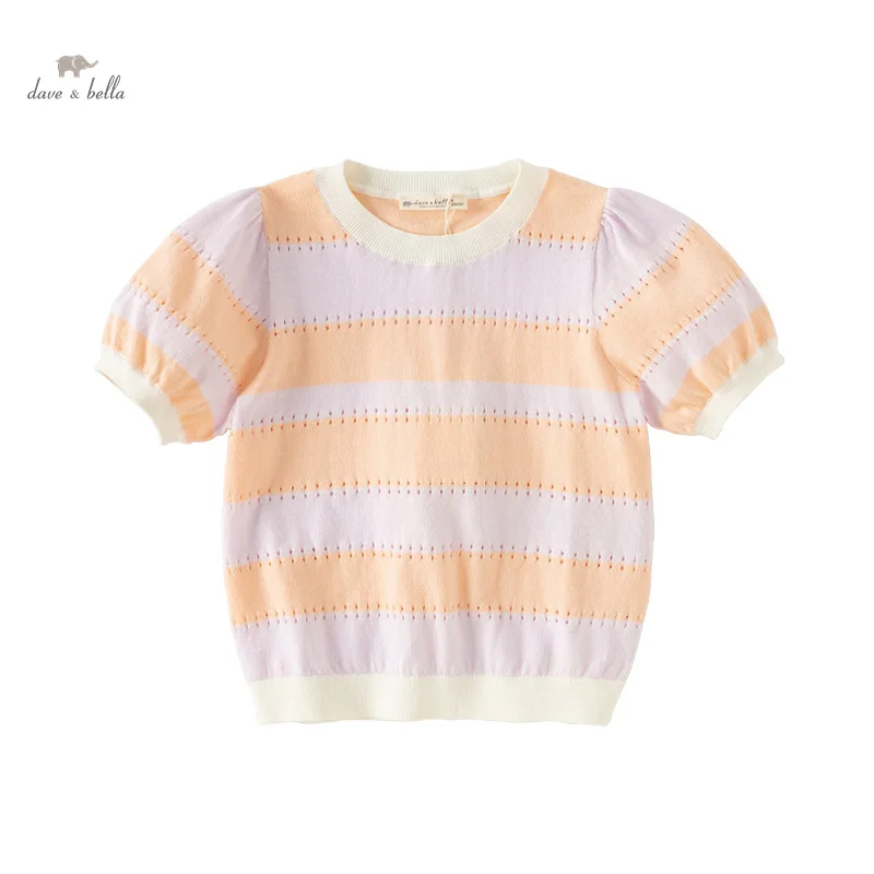 Dave Bella Girls Baby 2024 New Summer Children Clothes Pullover Top Thin Short Seeved Sweater Knitwear Cute Sweet DB2240456