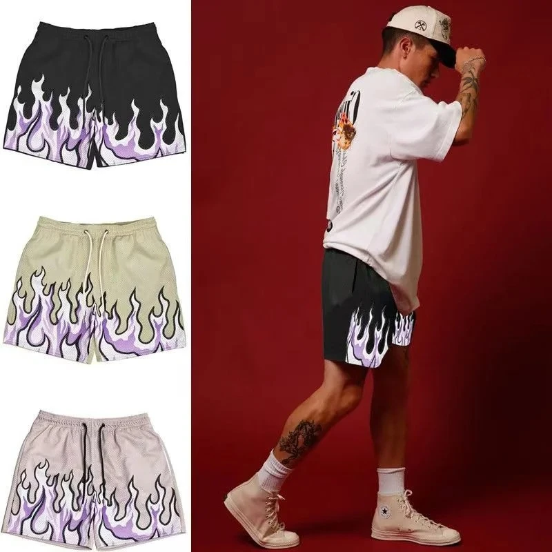 Fire Print Casual Street Shorts Summer Fashion Luxury Outfit Shorts Beach Pants Trend Sports Breathable Short Beach Pants Moto