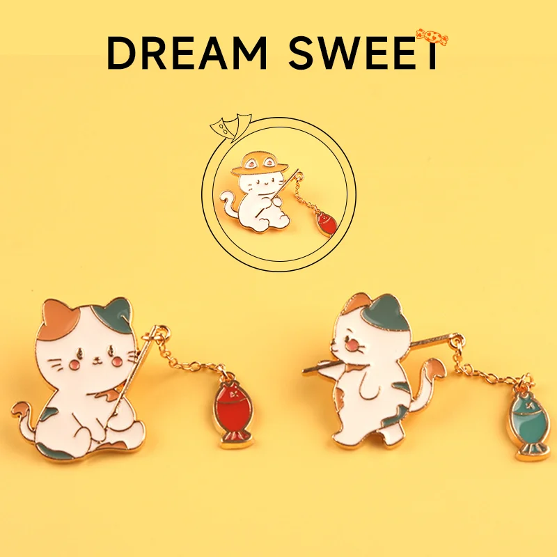 Funny Cat Go Fishing Brooch Cartoon Shirt Lapel Pin Cute Anime Flower Cats for Kids Friend Jeans Coat Lapel Pin Jewelry Gift New