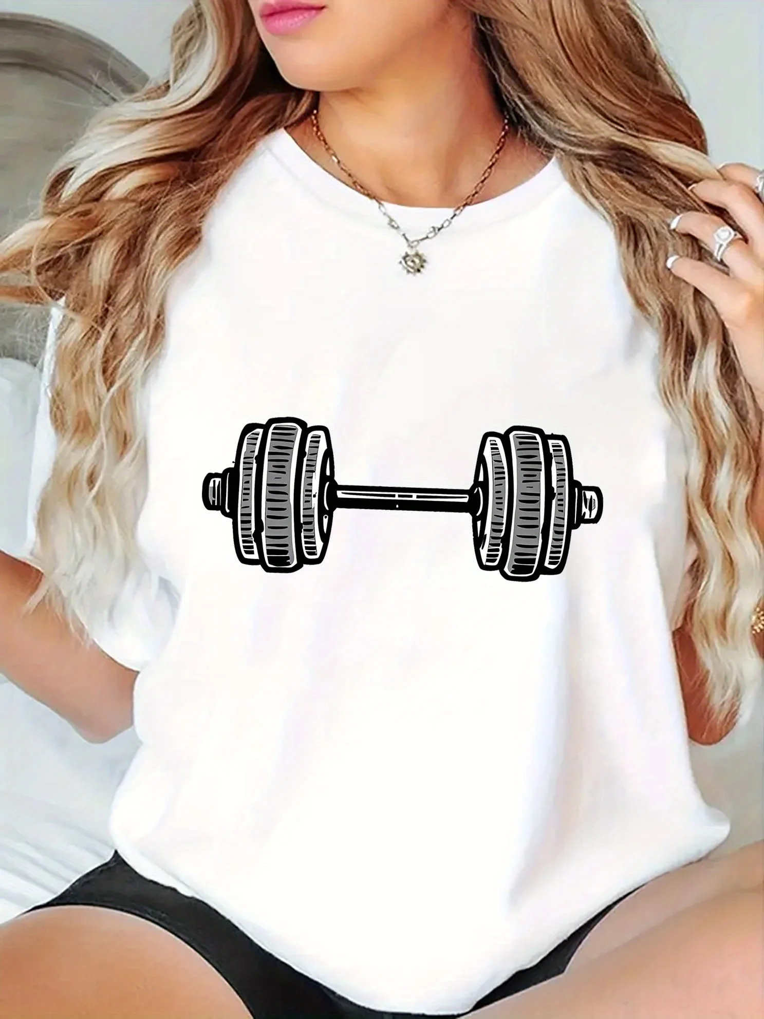 Women'S Casual Fitness T-Shirt with Dumbbell Graphic Brown Sleeve Round Neck Comfortable Summer Top for Workout Relaxation