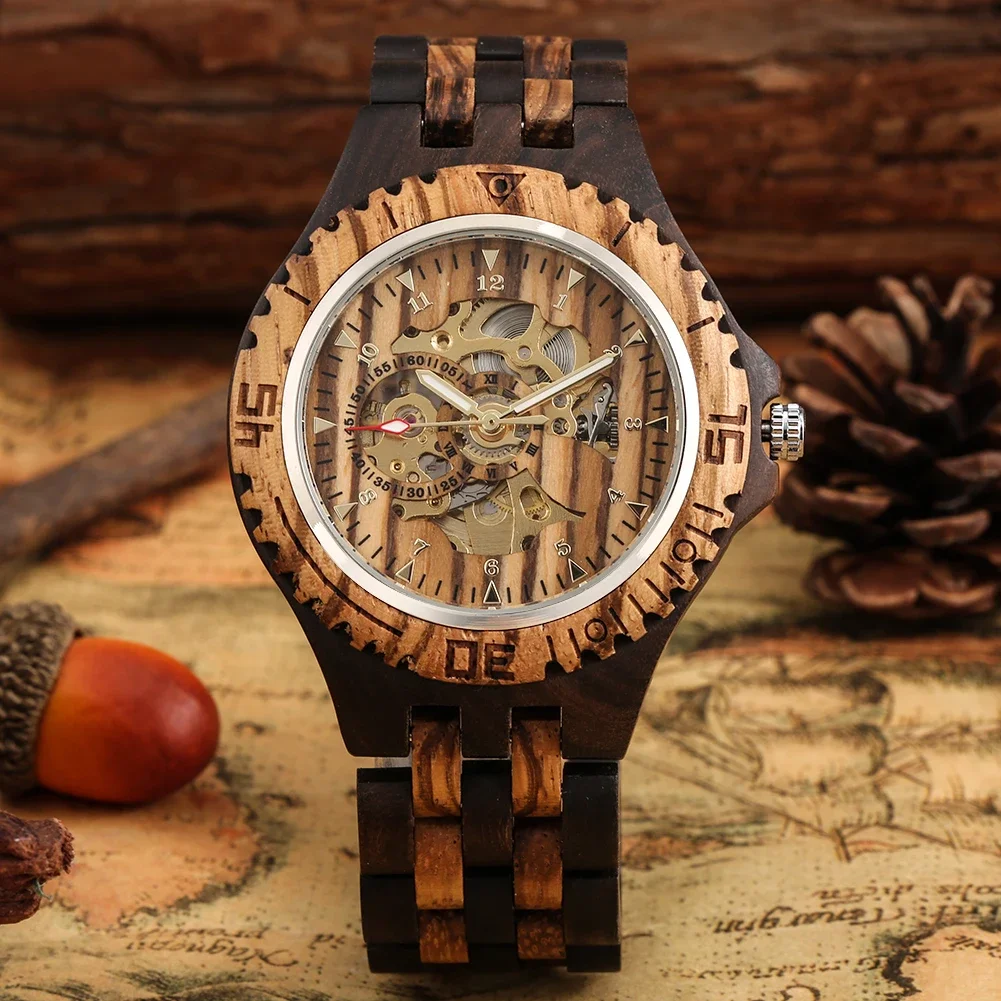 NEW Full Wooden Automatic Men Watches Gold Analog Arabic Numerals Display Wood Bracelet Wristband Self-Winding Male Wristwatch