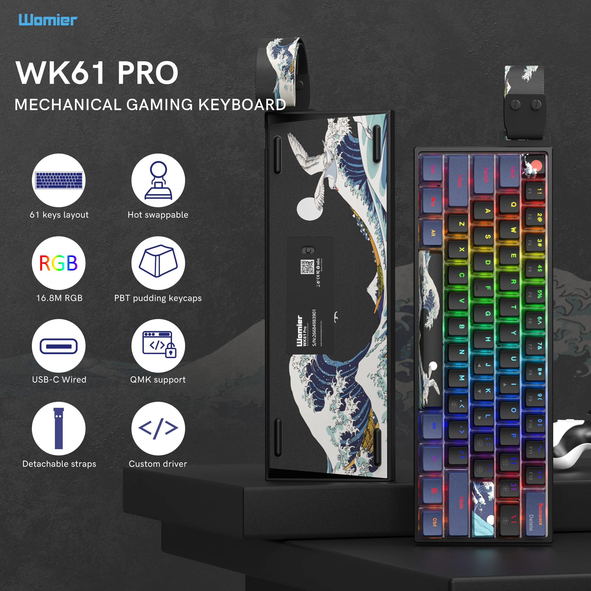 

Womier WK61 Pro 60% Hot-Swappable Mechanical Keyboard RGB Backlit QMK Wired Gaming Keyboard for PC Gamers