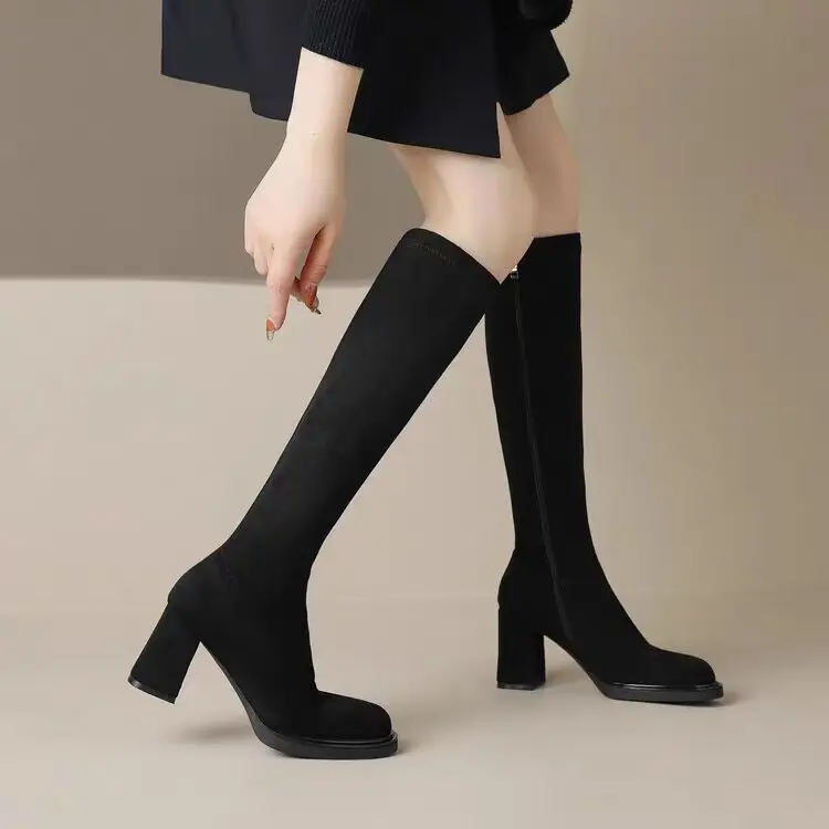 Flock Over The Knee Women Boots Stretch Fabrics High Heels Slip On Shoes Pointed Toe Woman Long Boots black khaki