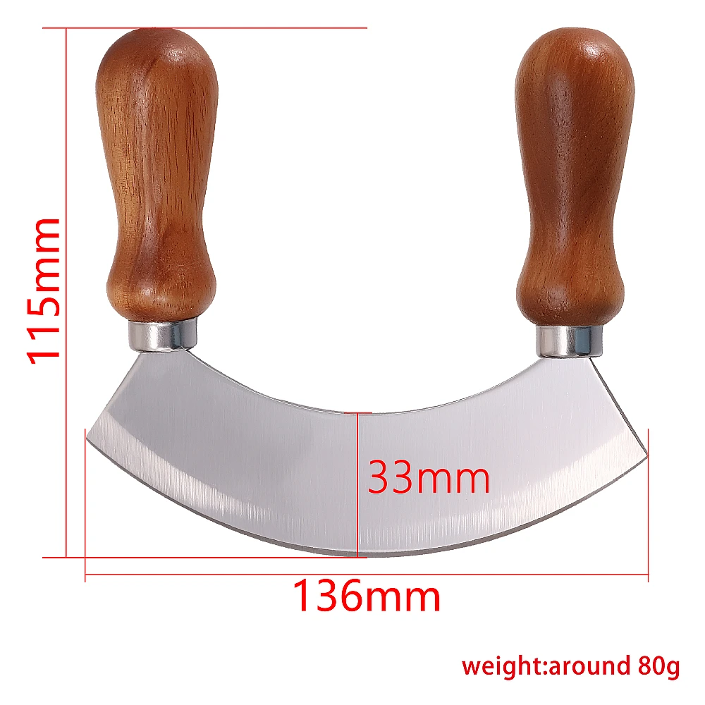 Jaswehome 5.5 Inch Stainless Steel Kitchen Herb chopper Wooden handle Pizza Cutter Fruit Vegetable Salad Chopper Mezzaluna Knife view 6