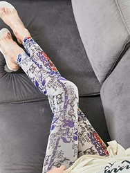 Summer Explosive Printed Graffiti Gauze Leggings Women's Thin Fashion Gauze Perspective Nine Pants High Stretch Thin Foot Pants