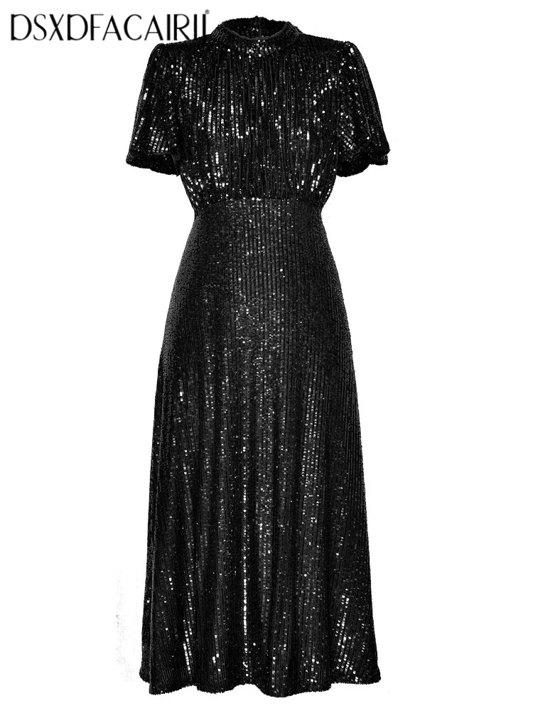 

DSXDFACAIRIJ Women's Sequins Embroidery Dress Stand Collar Short Sleeve Vintage Ball Gown Fashion Spring Female Clothing