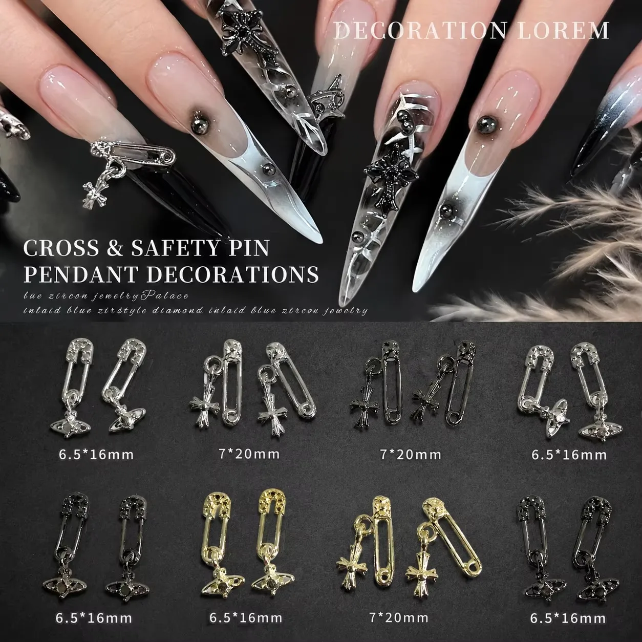 10pcVintage Gothic Cross Safety Pin Dangle Nail Charms Inlaid Rhinestone 3D Metal Nail Pendant Punk Style DIY Manicure Salon