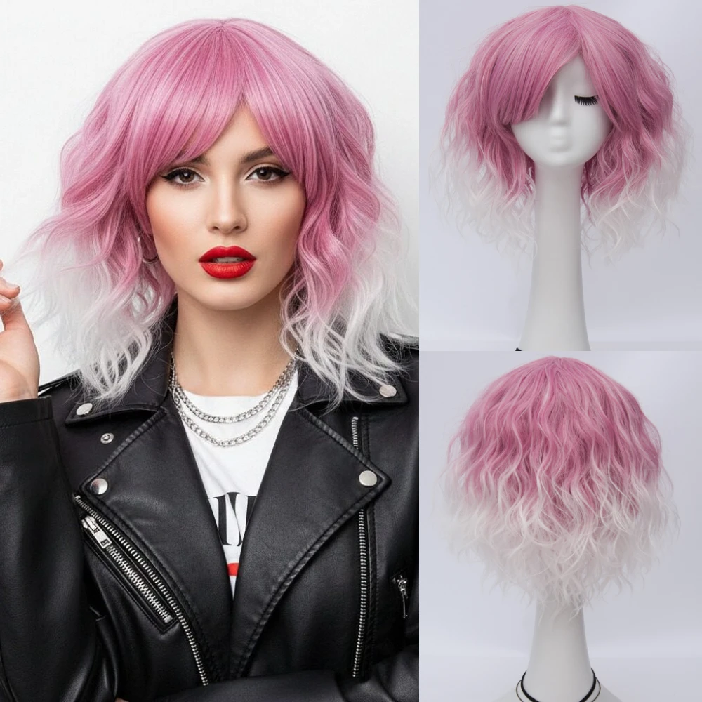 

Short Wavy Bob With Side Bangs Pink Ombre White Synthetic Wig Heat Resistant Fiber for Women Cosplay Cute Wig
