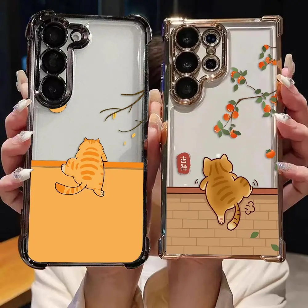 Transparent Plating Phone Case For Samsung S26 S25 S24 S23 S22 S21 S20 FE NOTE 20 PLUS ULTRA Shell Cover Funny Orange Black Cat