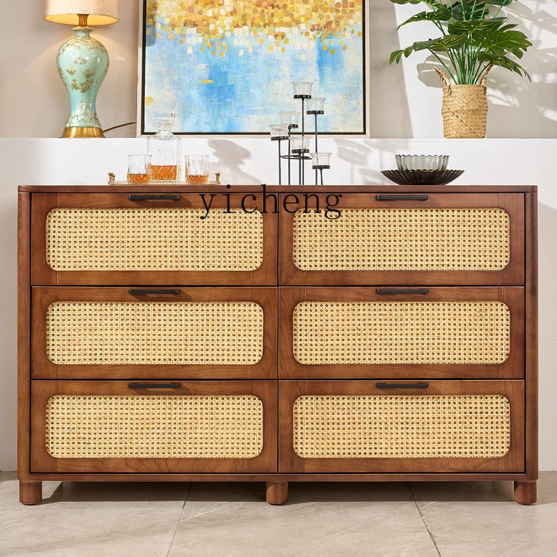 

LX Simple Casual Rattan Woven Solid Wood Chest of Drawers for Home Dining Room Storage Organizer