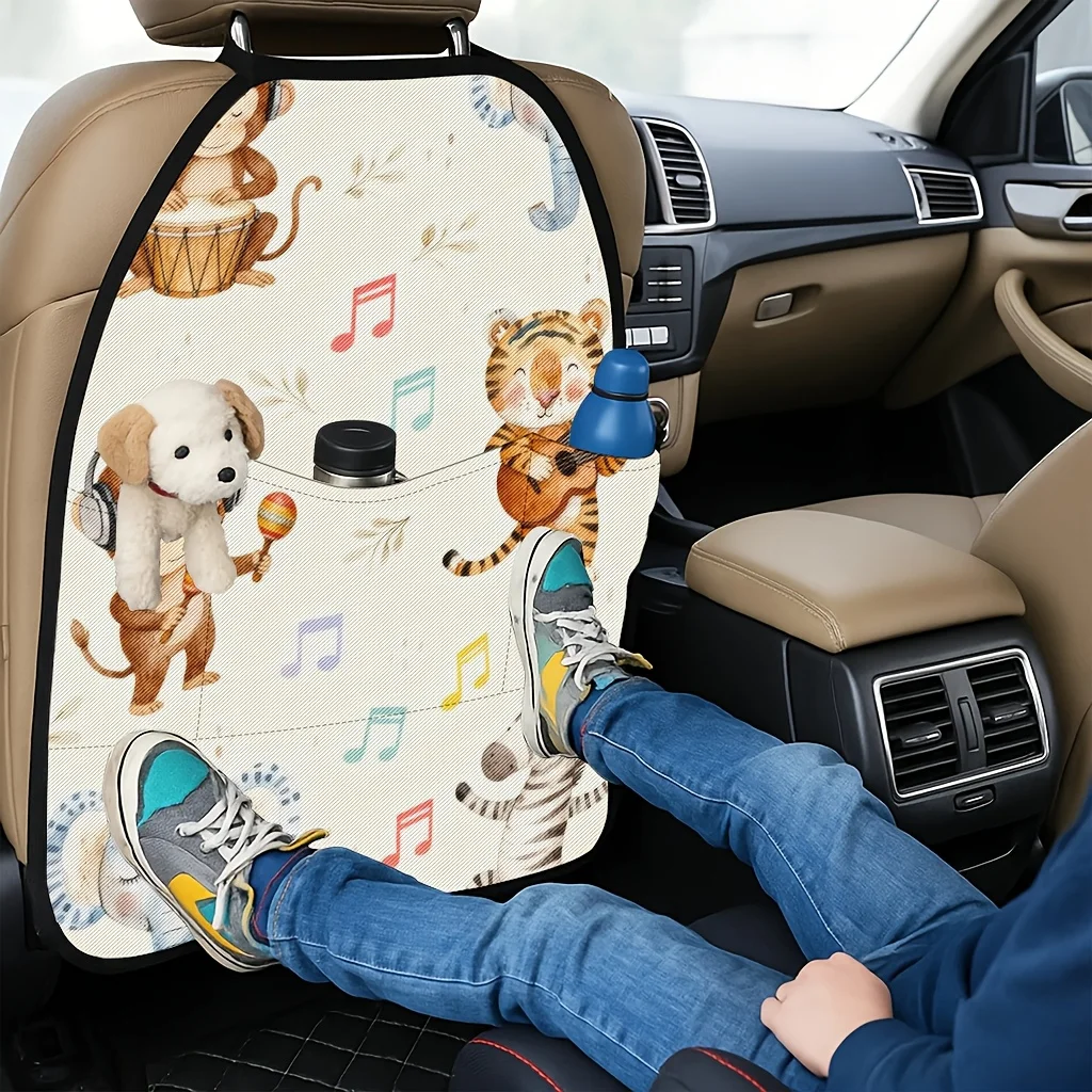 2pcs 2D Printed Car Seat Back Protector - Animal Band Playing Music Themed Pattern Printed Car Seat Back Protector, Kick-Proof M
