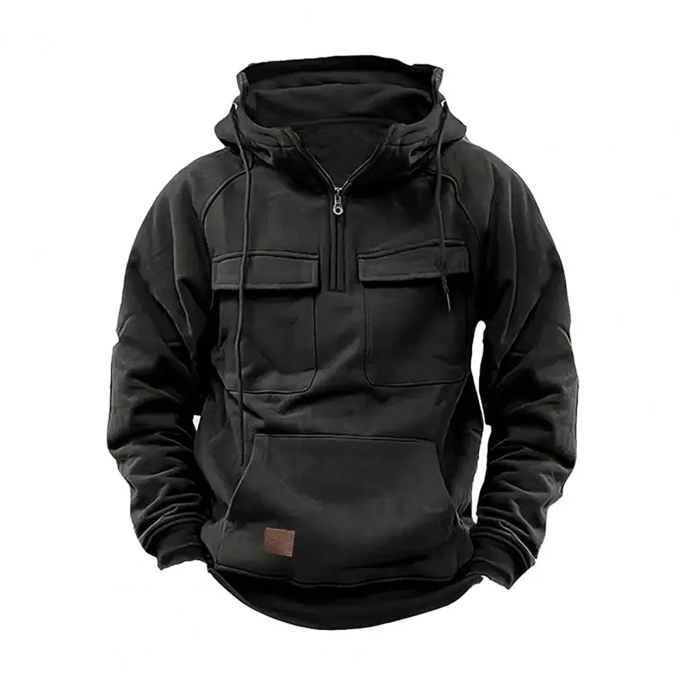 Men Hoodie Retro Solid Color Hoodie Men's Sporty Half Zip Hoodie with Big Patch Pocket Drawstring Solid Color Long for Fall