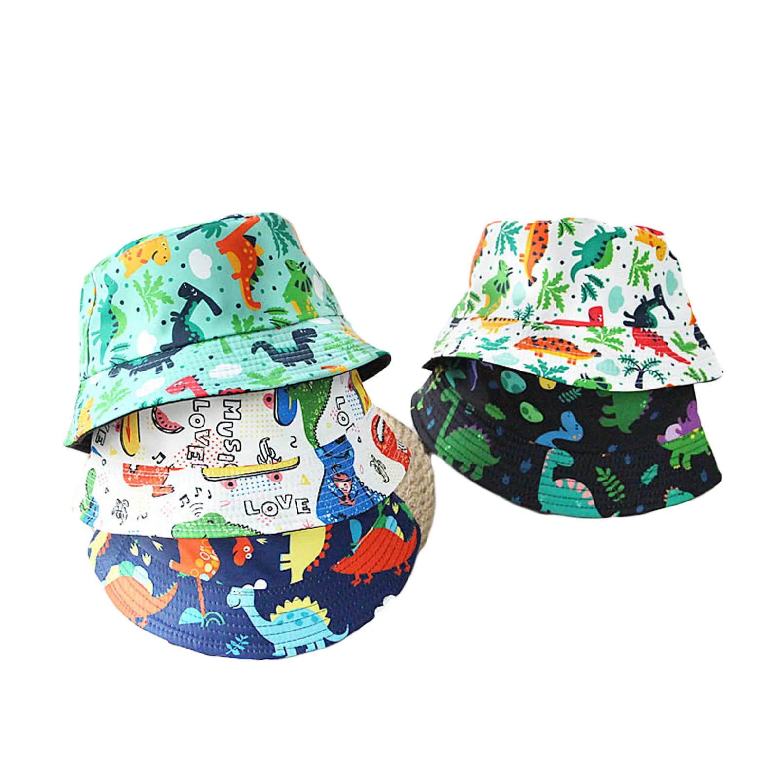 

2021-03-05 Lioraitiin 6 Colors Summer Kids Boys Girls Causal Hats Cartoon Dinosaur Print Short Brim Sun Protection Fisherman Hat