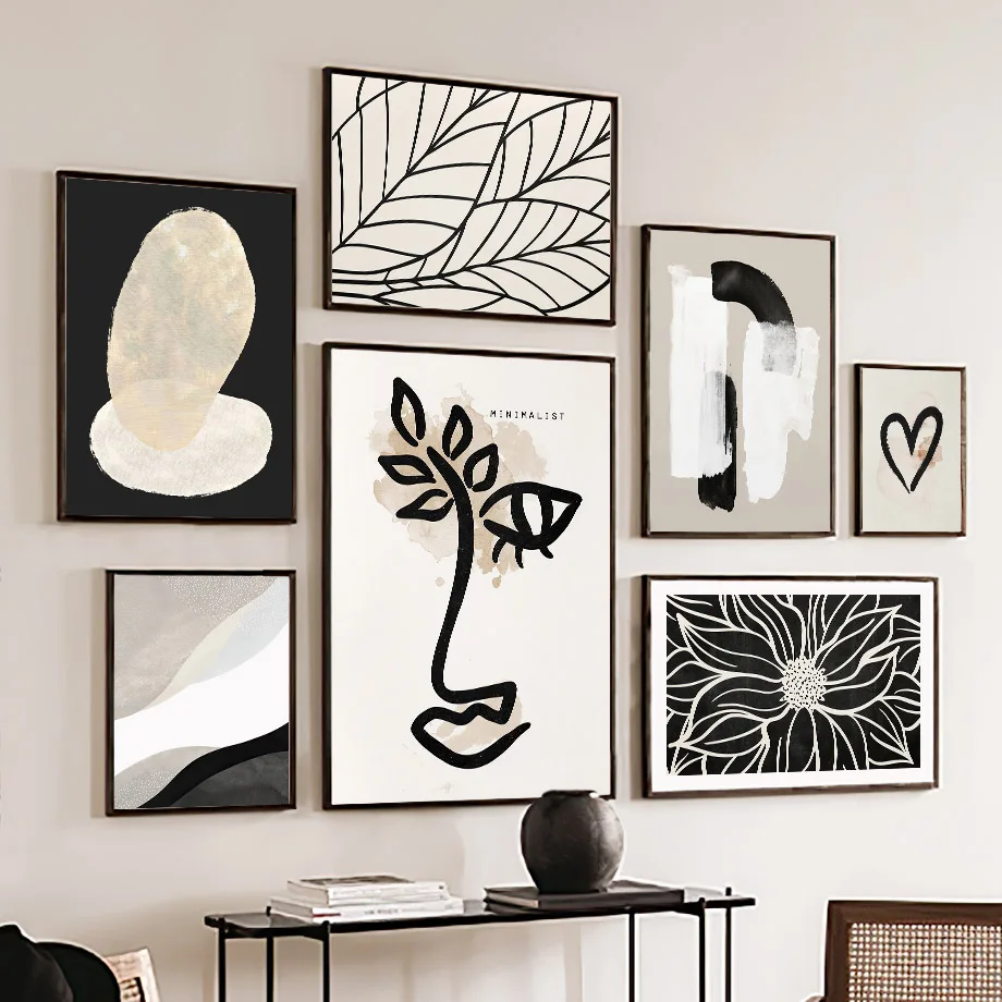 Black Line Face Flowers Leaf Abstract Poster Print Wall Art Canvas Painting Modern Posters Prints Pictures for Living Room De