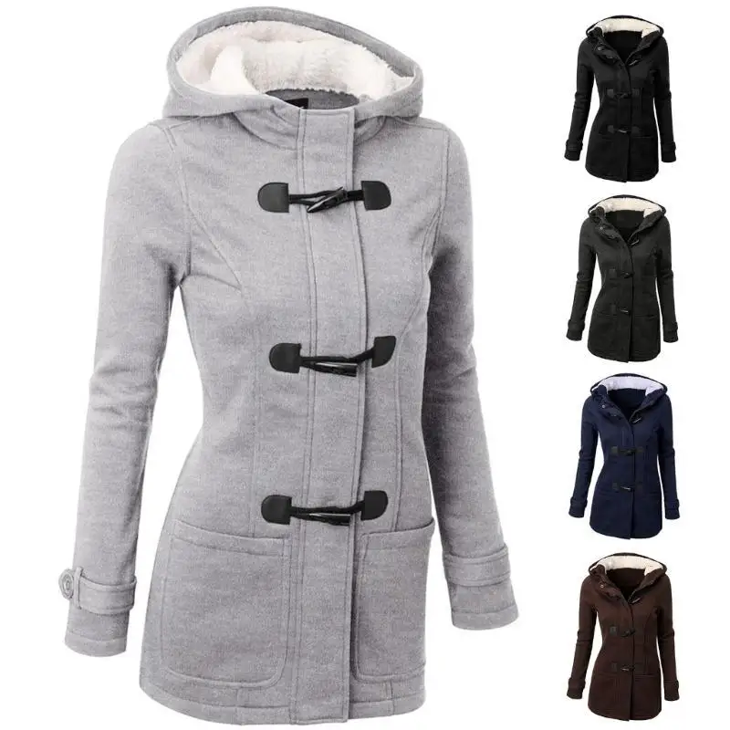 Damskie kurtki zimowe z wełny, ocieplane polarem, luźne, długie, zapinane na rożki, z kapturem, idealne na zewnątrz.