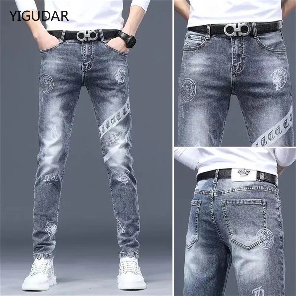 

Mens stretch denim print pants jeans Korea slimming trendy casual jeans all-match light luxury men jeans pants for men