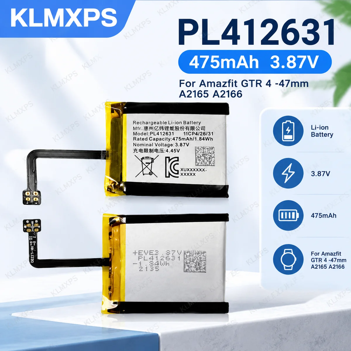 475mAh PL412631 Replacement Battery for Huami Amazfit GTR 4 47mm Smart Watch A2165 A2166 with Included Repair Tool Kit