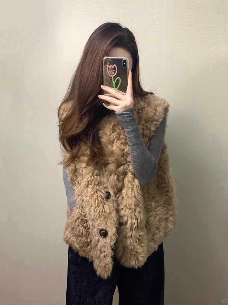 Vintage Faux Fur Vest Curly Fur Horn Button Gilet Women's Fall Winter Korean Elegant Soft Layering Vest Retro Fur Waistcoat