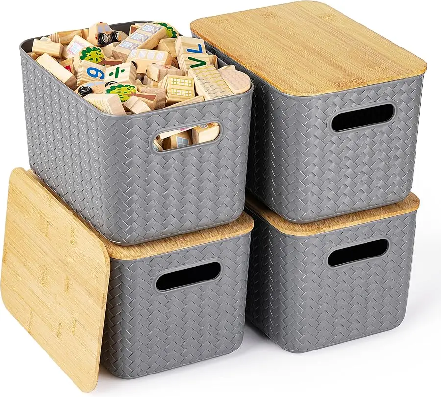 

4 Packs Storage Bins with Bamboo Lids - Plastic Storage Containers with Lids Stackable Storage Box：Storage Baskets for Organizin