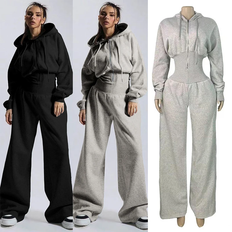 Women Hooded Jumpsuit Fleece Lined Zip Front Long Sleeve High Waist Wide Leg Pants Casual Lounge Streetwear Outfit